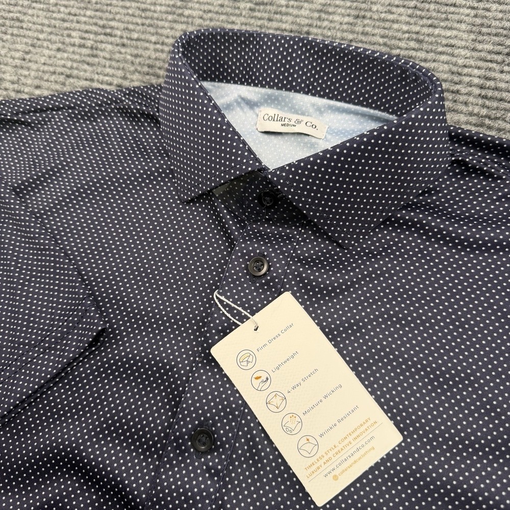 Collars and Co Collar Polo Shirt Mens Size Medium Polka Dot Blue White NWT
